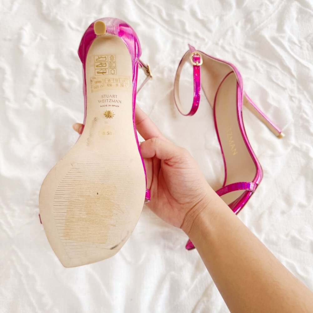 Stuart Weitzman Pink Iridescent Ankle-Strap Stiletto Sandals - Picture 9 of 10